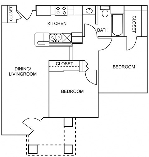 Floor plan for 2 beds, 1 bath, 815 sqft